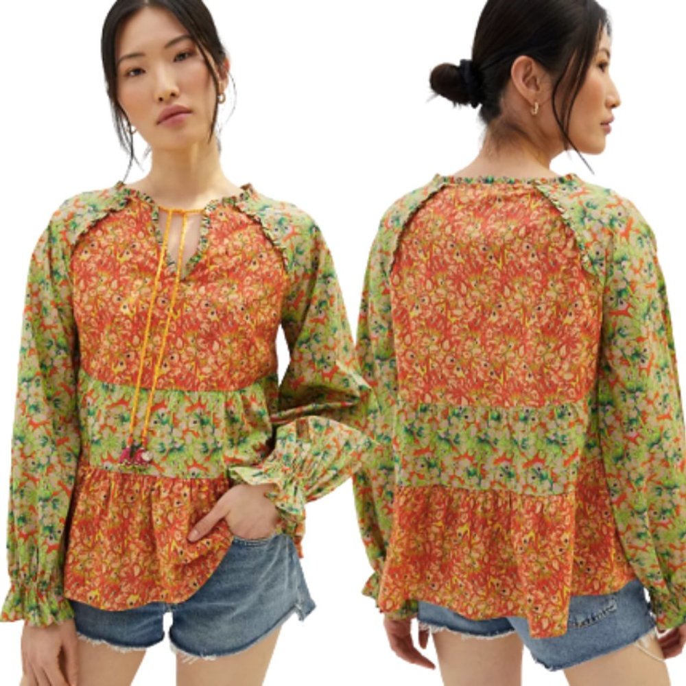 Roopa Pemmaraju Vivi Floral Patchwork Peplum Peasant Blouse Anthropologie Medium